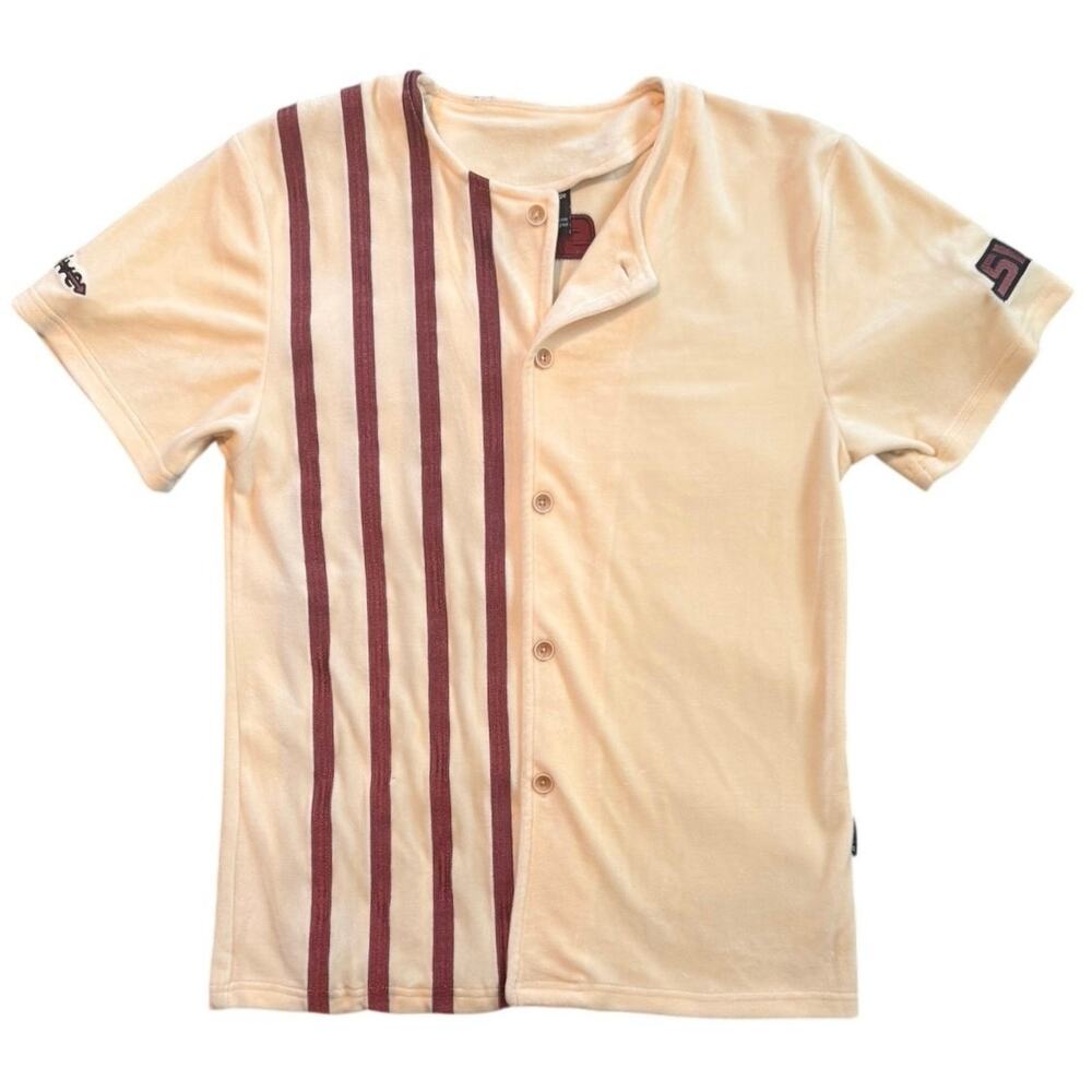 Native Language Velour Polo Shirt Cream Burgundy Striped Mens Size Small S SLCT